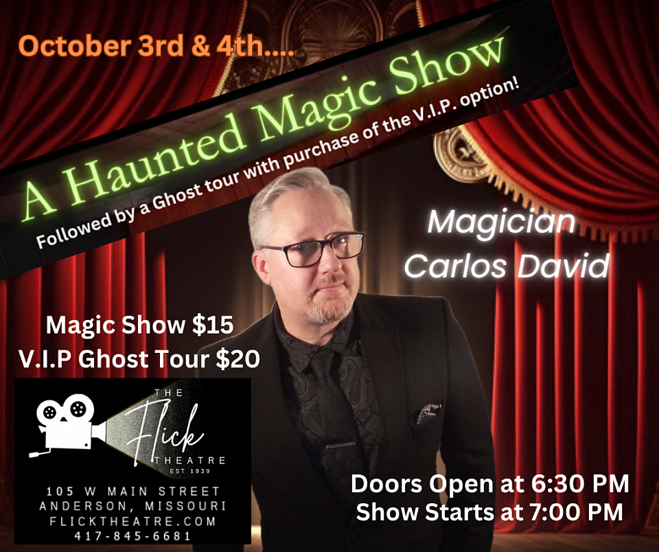 Magician Carlos David at the Flick Theater in Anderson, Missouri