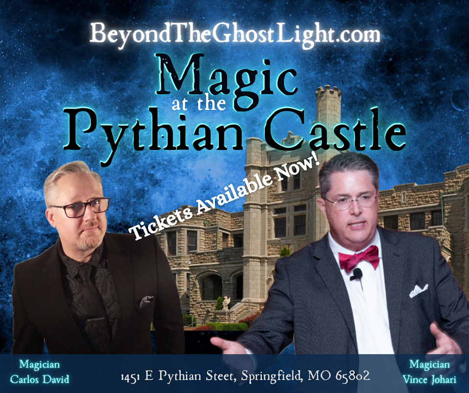 Magician Carlos David and Vince Johari performing the show Beyond the Ghost Light at the Haunted Pythian Castle in Springfield, MO