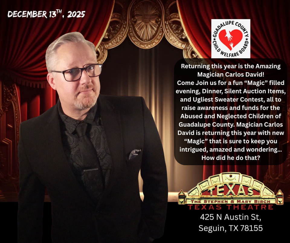 Magician Carlos David at the Stephen & Mary Birch Texas Theatre, Ugly Sweater Fundraiser for the Guadalupe County Child Welfare Board