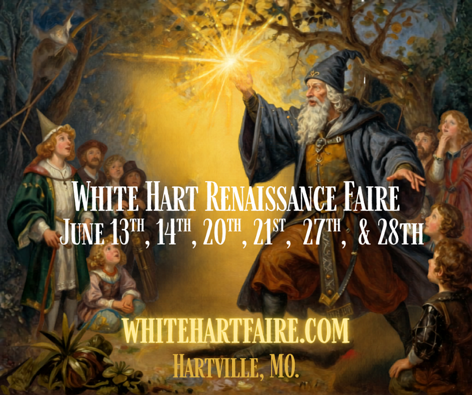 Magician Carlos David will appear as the Court Wizard at the White Hart Renaissance Faire in Hartville, MO. June of 2026